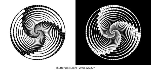 Abstract background with rectangles in circle. Art design spiral as logo or icon. A black figure on a white background and an equally white figure on the black side.