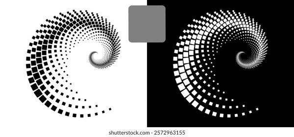 Abstract background with rectangles in spiral. Art design spiral as logo or icon, design element. A black figure on a white background and an equally white figure on the black side.