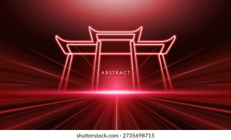 Fondo Abstractas con vigas rojas hacia el centro. Puerta de estilo chino es un efecto de luz de neón. Concepto de tecnología de alta velocidad contemporánea.