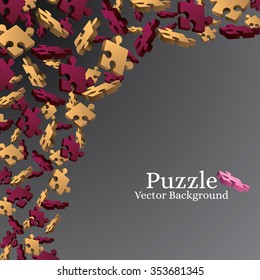Abstract background. Red and beige elements of puzzles on a dark gradient background. 3D puzzles. Empty space for text. Vector illustration.