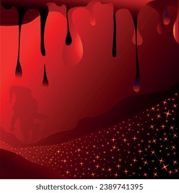 Abstract background red and black with drips of paint. The ghostly gnome moves along the star path.