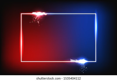abstract background of red and blue square frame with fog and spark particle