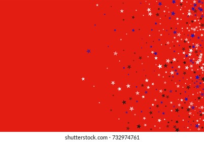 Abstract background in red, blue, white with confetti-stars. Celebratory graphic design for the Independence Day of the USA or the President's Day. Suitable for banner, poster, cover.