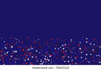 Abstract background in red, blue, white with confetti-stars. Celebratory graphic design for the Independence Day of the USA or the President's Day. Suitable for banner, poster, cover.