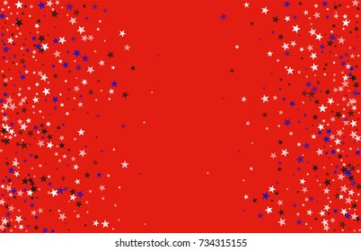 Abstract background in red, blue, white with confetti-stars. Celebratory graphic design for the Independence Day of the USA or the President's Day. Suitable for banner, poster, cover.