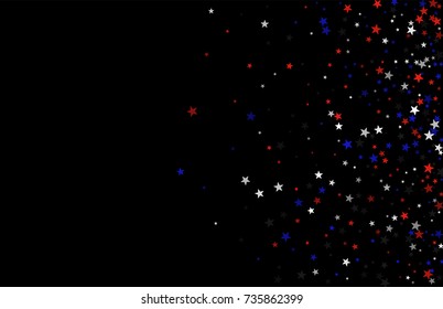 Abstract background in red, blue, white with confetti-stars. Celebratory graphic design for the Independence Day of the USA or the President's Day. Suitable for banner, poster, cover.
