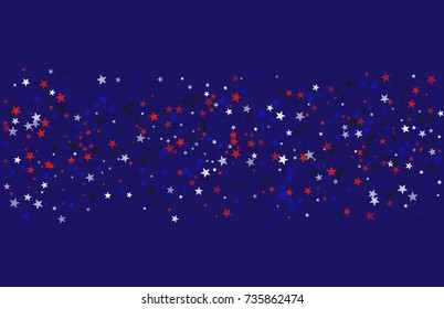 Abstract background in red, blue, white with confetti-stars. Celebratory graphic design for the Independence Day of the USA or the President's Day. Suitable for banner, poster, cover.