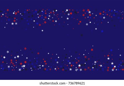 Abstract background in red, blue, white with confetti-stars. Celebratory graphic design for the Independence Day of the USA or the President's Day. Suitable for banner, poster, cover.