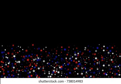 Abstract background in red, blue, white with confetti-stars. Celebratory graphic design for the Independence Day of the USA or the President's Day. Suitable for banner, poster, cover.