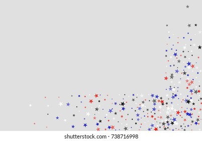 Abstract background in red, blue, white with confetti-stars. Celebratory graphic design for the Independence Day of the USA or the President's Day. Suitable for banner, poster, cover.