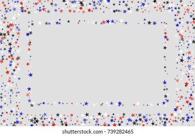 Abstract background in red, blue, white with confetti-stars. Celebratory graphic design for the Independence Day of the USA or the President's Day. Suitable for banner, poster, cover.