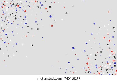 Abstract background in red, blue, white with confetti-stars. Celebratory graphic design for the Independence Day of the USA or the President's Day. Suitable for banner, poster, cover.