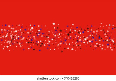 Abstract background in red, blue, white with confetti-stars. Celebratory graphic design for the Independence Day of the USA or the President's Day. Suitable for banner, poster, cover.