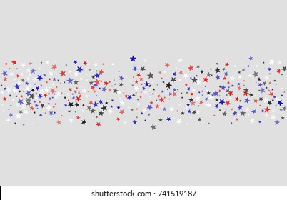 Abstract background in red, blue, white with confetti-stars. Celebratory graphic design for the Independence Day of the USA or the President's Day. Suitable for banner, poster, cover.