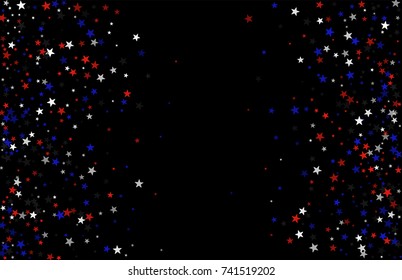 Abstract background in red, blue, white with confetti-stars. Celebratory graphic design for the Independence Day of the USA or the President's Day. Suitable for banner, poster, cover.