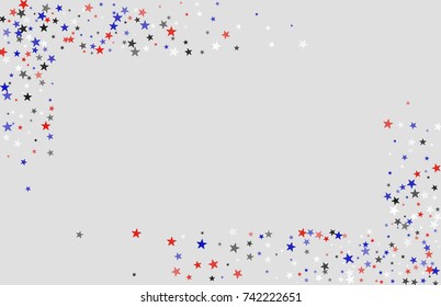 Abstract background in red, blue, white with confetti-stars. Celebratory graphic design for the Independence Day of the USA or the President's Day. Suitable for banner, poster, cover.