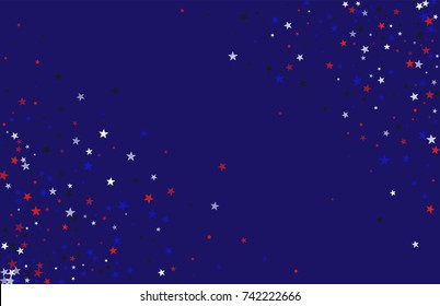 Abstract background in red, blue, white with confetti-stars. Celebratory graphic design for the Independence Day of the USA or the President's Day. Suitable for banner, poster, cover.