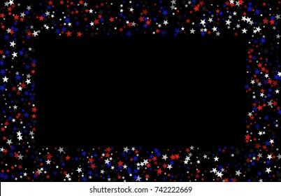 Abstract background in red, blue, white with confetti-stars. Celebratory graphic design for the Independence Day of the USA or the President's Day. Suitable for banner, poster, cover.