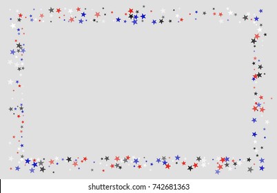 Abstract background in red, blue, white with confetti-stars. Celebratory graphic design for the Independence Day of the USA or the President's Day. Suitable for banner, poster, cover.