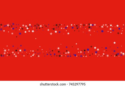 Abstract background in red, blue, white with confetti-stars. Celebratory graphic design for the Independence Day of the USA or the President's Day. Suitable for banner, poster, cover.