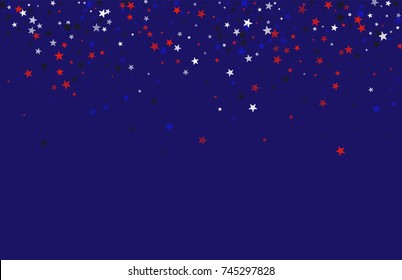 Abstract background in red, blue, white with confetti-stars. Celebratory graphic design for the Independence Day of the USA or the President's Day. Suitable for banner, poster, cover.