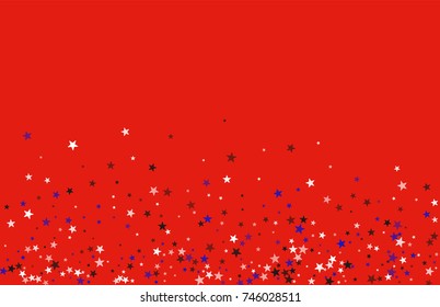 Abstract background in red, blue, white with confetti-stars. Celebratory graphic design for the Independence Day of the USA or the President's Day. Suitable for banner, poster, cover.