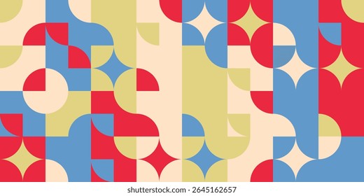 Fundo abstrato com círculos e estrelas vermelhos, azuis e amarelos