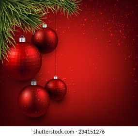 Fondo abstracto con bolas de navidad rojas. Ilustración vectorial. 