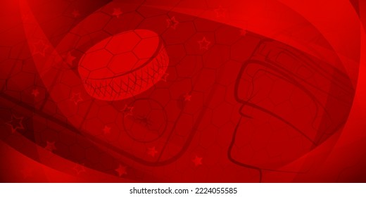 Abstract background in red colors with different hockey symbols such as puck, stick, helmet, ice rink