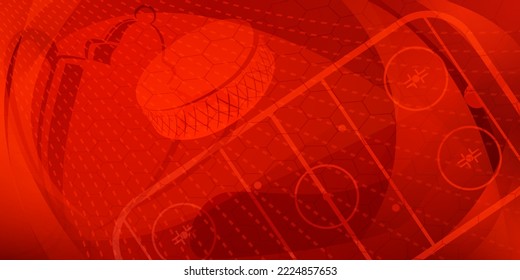 Abstract background in red colors with different hockey symbols such as puck, stick, ice rink, cup