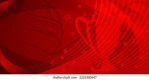 Abstract background in red colors with different hockey symbols such as puck, helmet, ice rink, cup