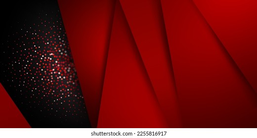 Abstract background in red colors with several overlapping surfaces with shadows and a lot of small sparkles