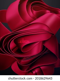 Abstract background with red curvy fabric ruffles. Vector 3d illustration. Abstract layered textile shape. Wallpaper with folded red ribbon.