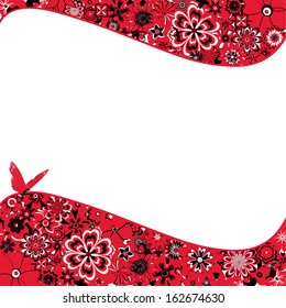 Fondo abstracto con flores rojas, una mariposa y espacio para el texto