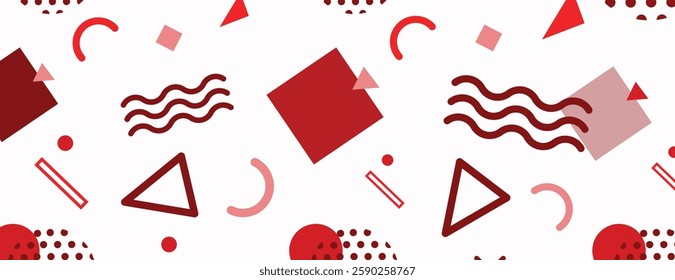 Abstract background with red geometric shapes on a white background. Red and white colors dominate the playful, modern design. Fun memphis pattern background. Red background vector.