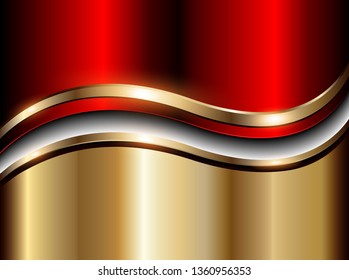 Abstract background red with gold metallic wave, vector illustration.