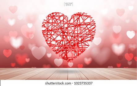 Abstract background of red heart floating over wooden texture with light blurred bokeh of red heart. Vector illustration idea.