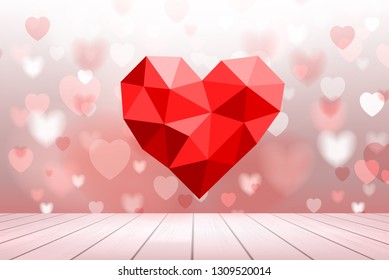 Abstract background of red heart floating over wooden texture with light blurred bokeh of red heart. Vector illustration idea.