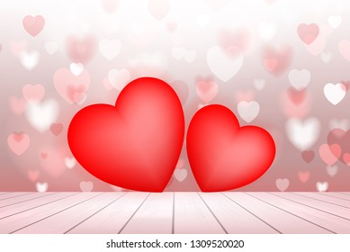 Abstract background of red heart floating over wooden texture with light blurred bokeh of red heart. Vector illustration idea.