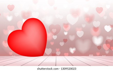 Abstract background of red heart floating over wooden texture with light blurred bokeh of red heart. Vector illustration idea.