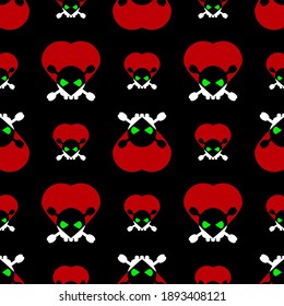 Abstract background red heart and skull on black, texture for design, seamless pattern, vector illustration