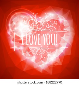 Abstract background with red heart, triangle polygons, and text