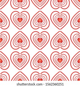 Abstract background with red hearts in the center of hearts, on a white background. Pattern for Valentine's, holidays, invitations, decoration.