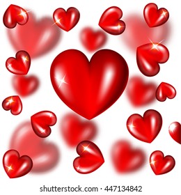 Abstract background with red hearts and depth of field effect on white