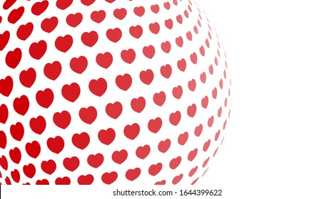 Abstract background. Red hearts of different sizes with halftone effect on white background. Vector illustration.