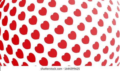Abstract background. Red hearts of different sizes with halftone effect on white background. Vector illustration.