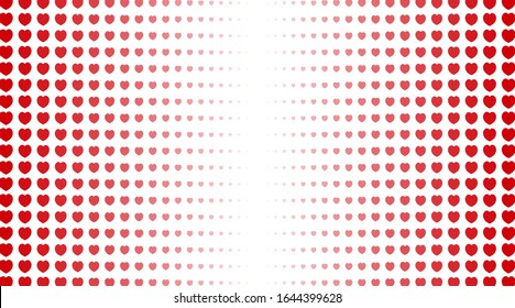 Abstract background. Red hearts of different sizes with halftone effect on white background. Vector illustration.