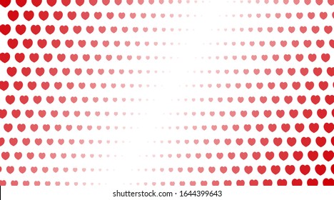Abstract background. Red hearts of different sizes with halftone effect on white background. Vector illustration.