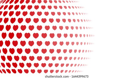 Abstract background. Red hearts of different sizes with halftone effect on white background. Vector illustration.