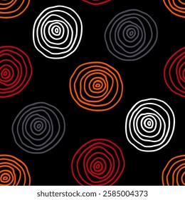 Abstract background red, orange freehand circles. Simple contrast seamless pattern with rounded spots consisting of line rings. Repeat ornament for covers, interior textiles: bedspreads, pillows.